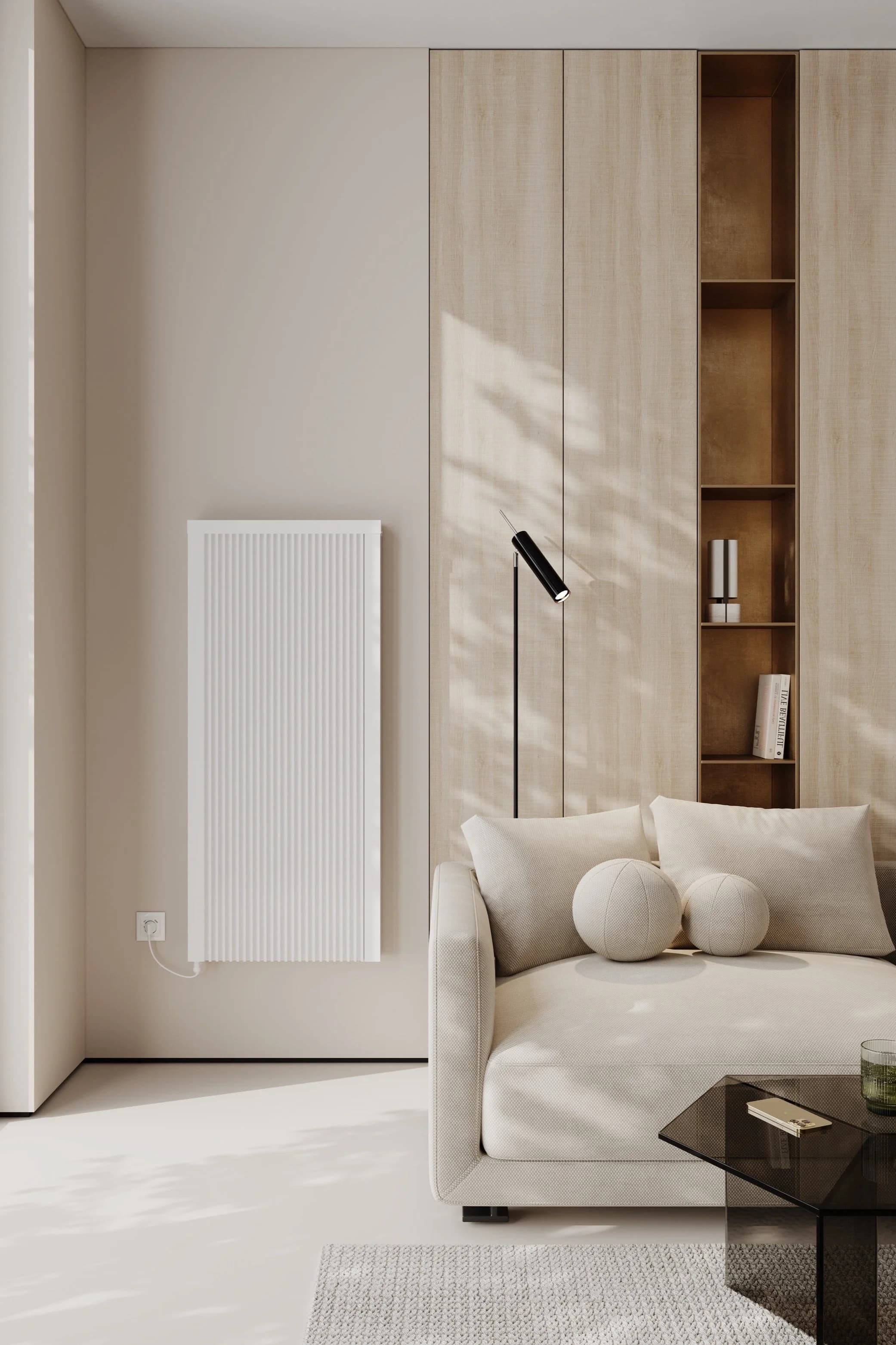 A warm, light-filled living room with a premium electric radiator