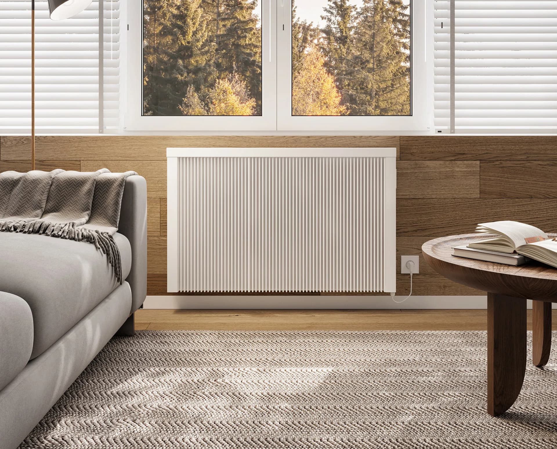 radTherm electric radiator mounted on a living room wall