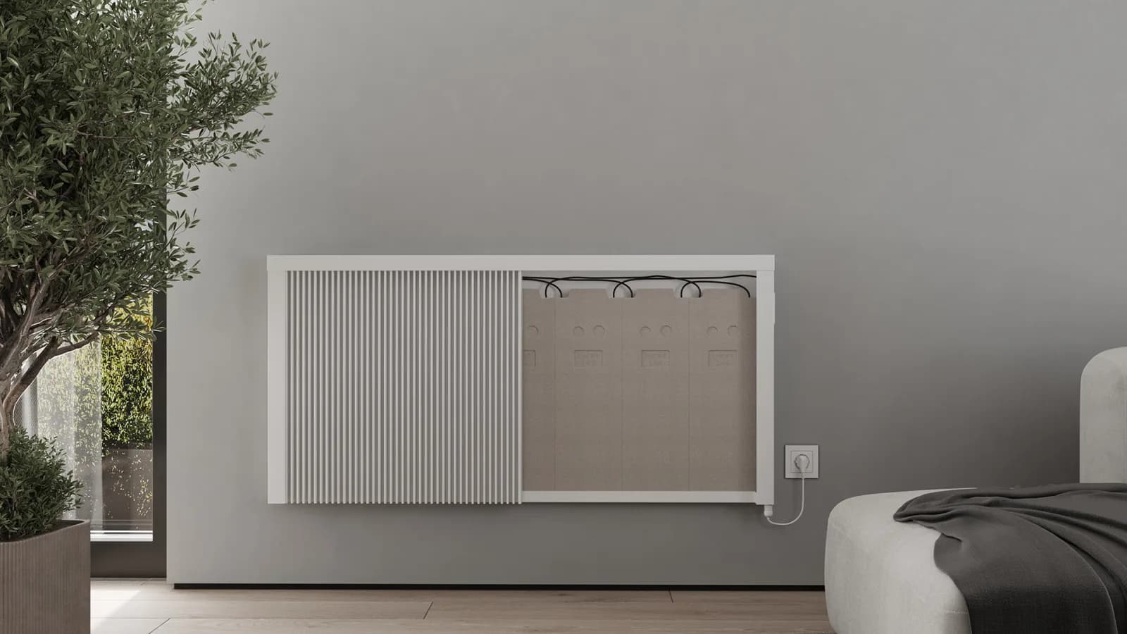 radTherm radiator with its cover open, showing the Magmatic ceramic storage core inside