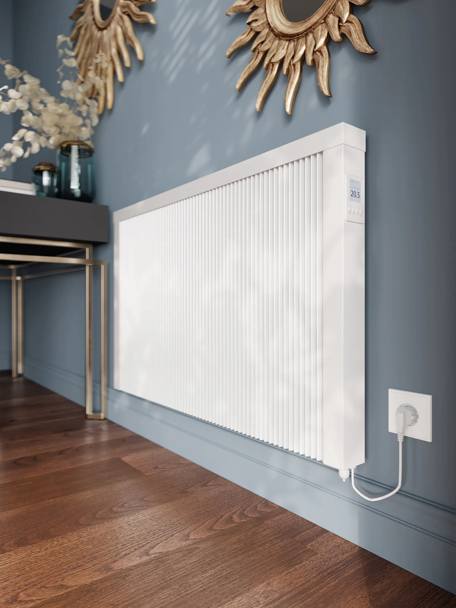 White radTherm TT-KS electric radiator with digital thermostat in a modern living room